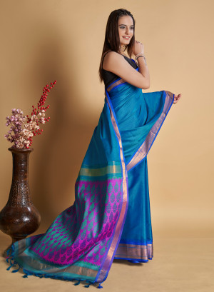 Rama green color cotton silk saree with zari woven work