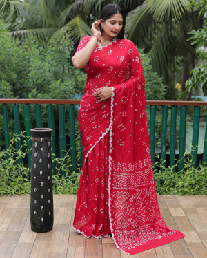 Red color bandhej silk saree with printed work