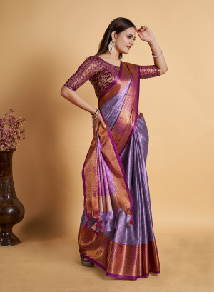 Lavender color soft cotton silk saree with zari weaving work
