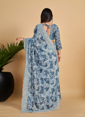 Sky blue color linen silk saree with digital printed work