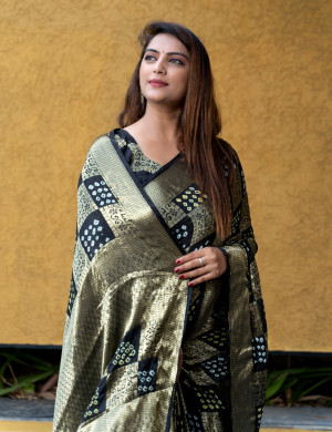 Black color bandhej silk saree with zari weaving work