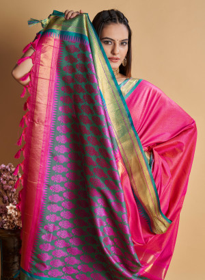 Pink color cotton silk saree with zari woven work