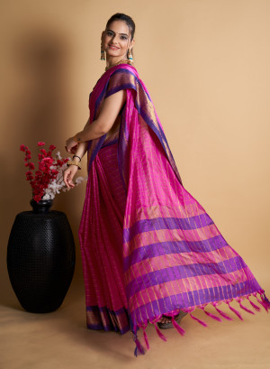Rani pink color soft cotton saree with zari weaving work