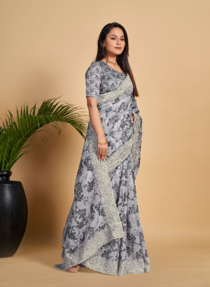 Gray color linen silk saree with digital printed work