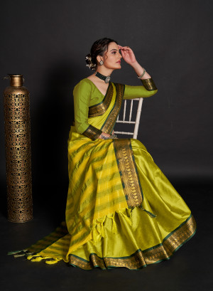 Parrot green color cotton silk saree with zari weaving work
