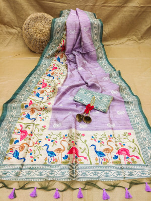 Purple color tussar silk saree with digital & embroidery printed work