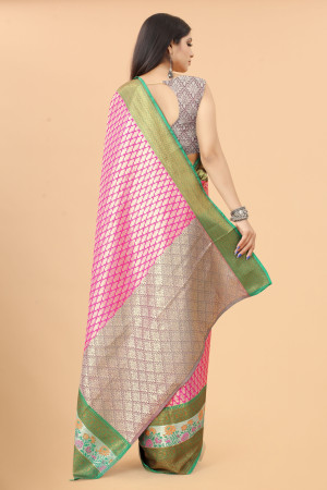 Pink color kanchipuram silk saree with zari weaving work