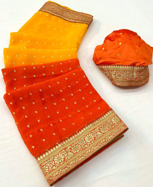 Yellow and orange color georgette saree with foil printed work