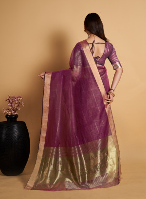 Magenta color organza silk saree with zari weaving work
