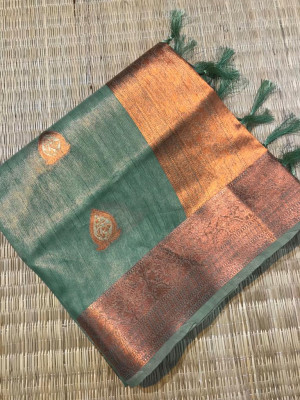 Rama green color tissue silk saree with zari weaving work