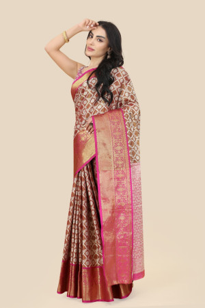 Brown color tissue silk saree with woven design