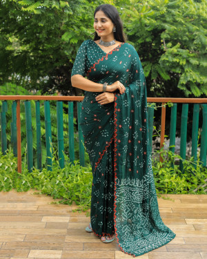 Dark green color soft bandhej silk saree with sequence work