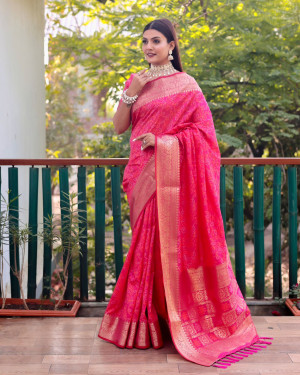 Pink color soft cotton silk saree with zari weaving work