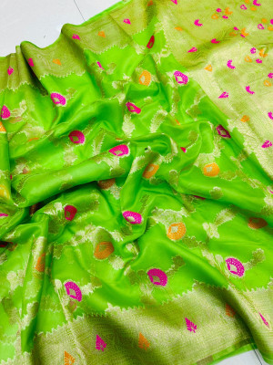 Apple green color soft organza silk saree with woven design