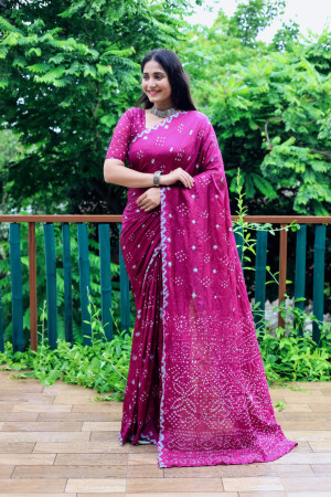 Magenta color soft bandhej silk saree with sequence work