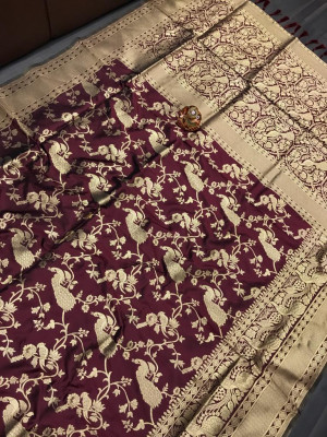 Maroon color banarasi silk saree with zari weaving work