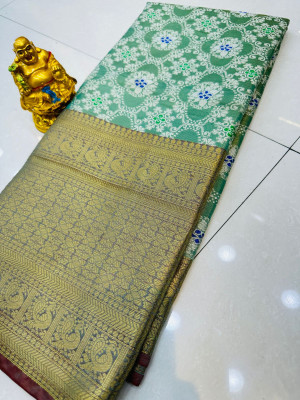 Sea green color kanchipuram silk saree with woven design