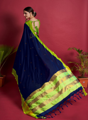 Navy blue color soft cotton silk saree with zari weaving work