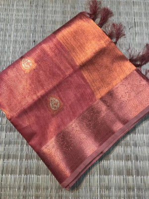Red color tissue silk saree with zari weaving work