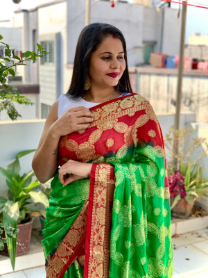 Green and maroon color soft art silk saree with zari weaving work