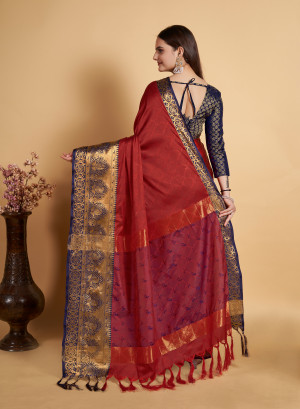 Red color cotton silk saree with zari woven work
