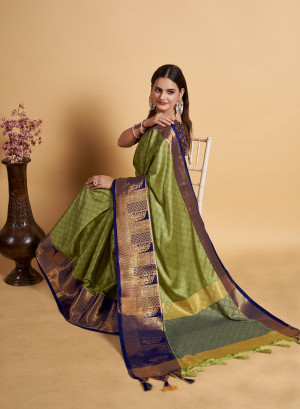 Pista green color soft cotton silk saree with zari weaving work