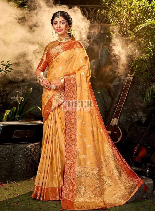 Orange Red Ombre Zari Woven Banarasi Saree with Paisley motifs main image 1