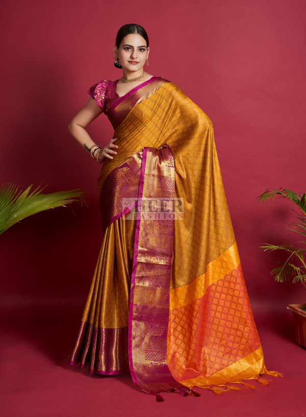 Mustard yellow color soft cotton silk saree with zari weaving work