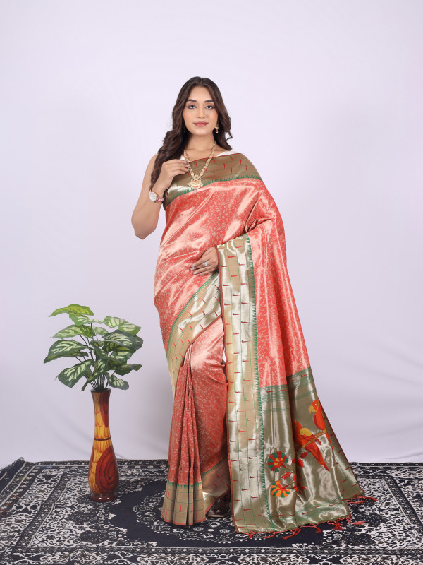 Orange Coloured Copper Zari Border Soft Banaras Silk Saree