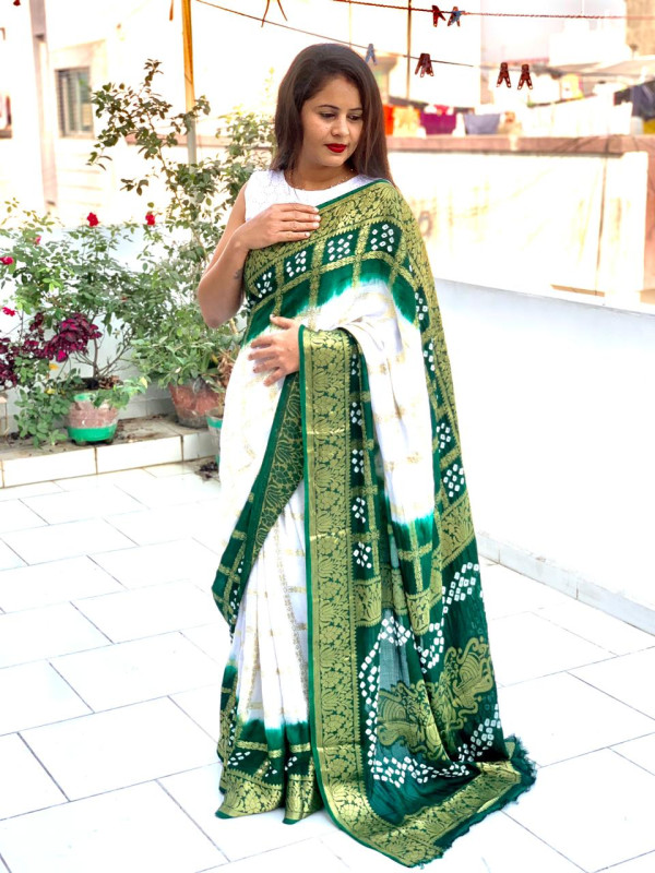 Green & White Embroidered Half N Half Saree 5560SR04