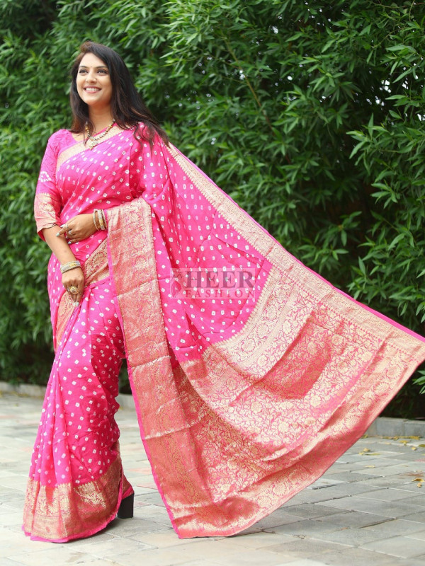 Pink Color Hand Bandhej Silk Saree With Zari Weaving Work