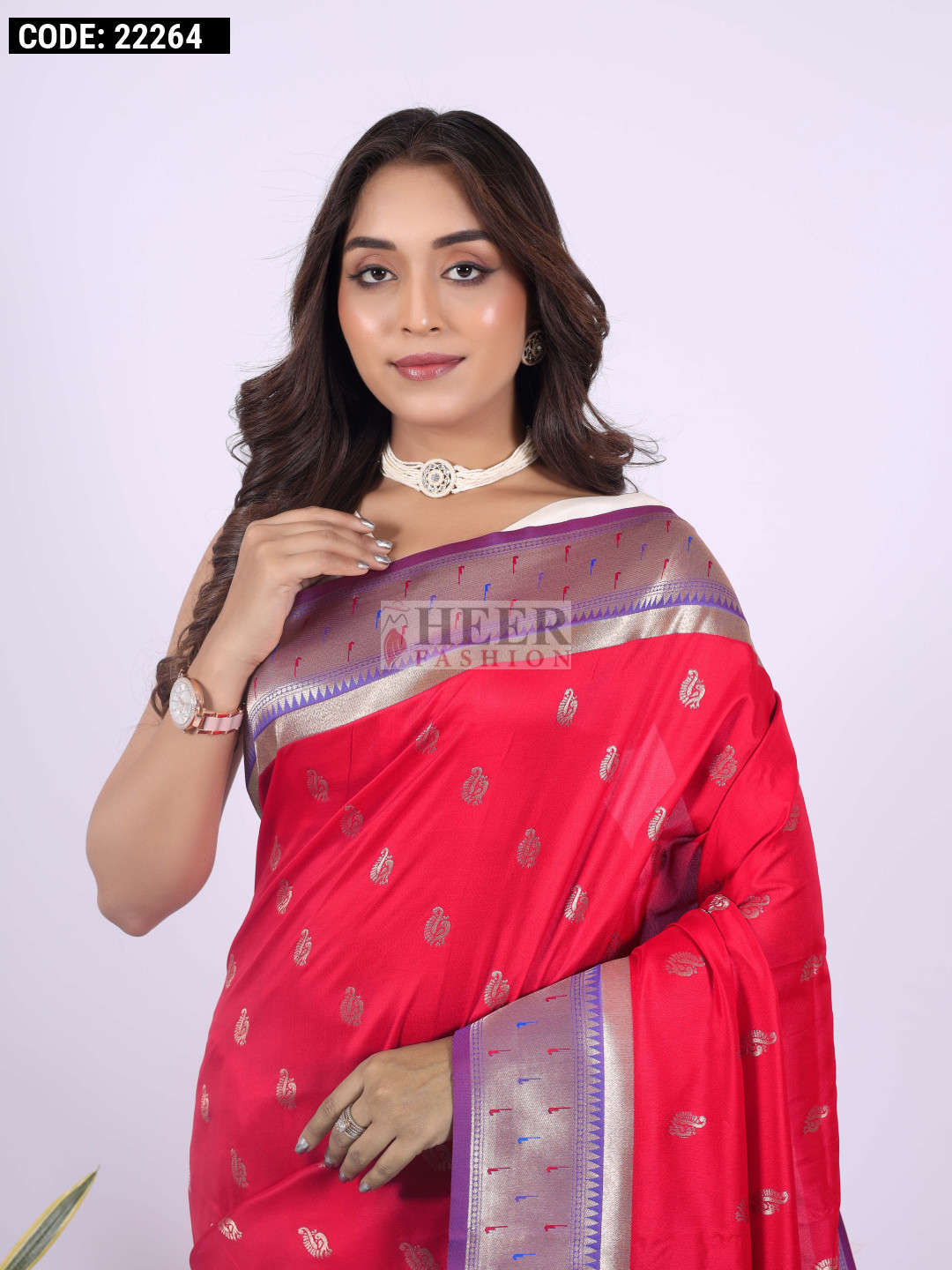 Red color paithani silk saree with zari weaving work