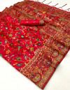 Red color soft pashmina silk saree with woven design