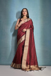 Red color soft raw silk saree with zari weaving work
