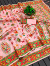 Baby pink color soft pashmina silk saree with woven design