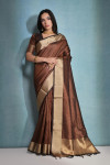 Brown color soft raw silk saree with zari weaving work