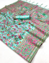 Sea green color soft pashmina silk saree with woven design