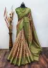 Parrot green color soft lichi silk saree with digital printed work