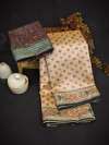 Beige color tussar silk saree with floral digital printed work
