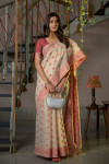 Peach color soft jamdani cotton saree with woven design