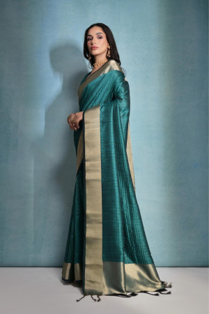 Rama green color soft raw silk saree with zari weaving work