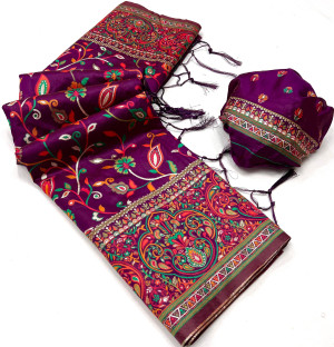 Wine color soft pashmina silk saree with woven design