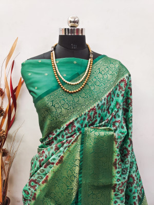 Sea green color soft lichi silk saree with digital printed work