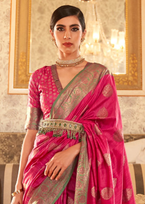 Rani pink color soft banarasi silk saree with zari weaving work