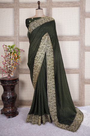 Mahendi green color soft vichitra silk saree with embroidery work