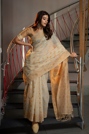 Off white color soft jamdani cotton saree with woven design