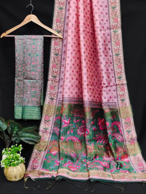 Pink color tussar silk saree with floral digital printed work