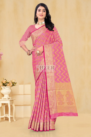 Pink color soft banarasi silk saree with zari weaving work