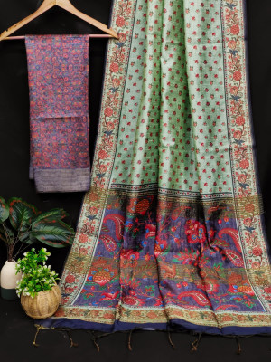 Pista green color tussar silk saree with floral digital printed work