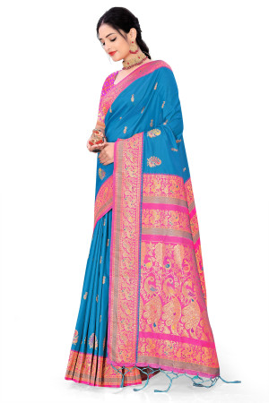 Light firoji color banarasi silk saree with zari weaving work